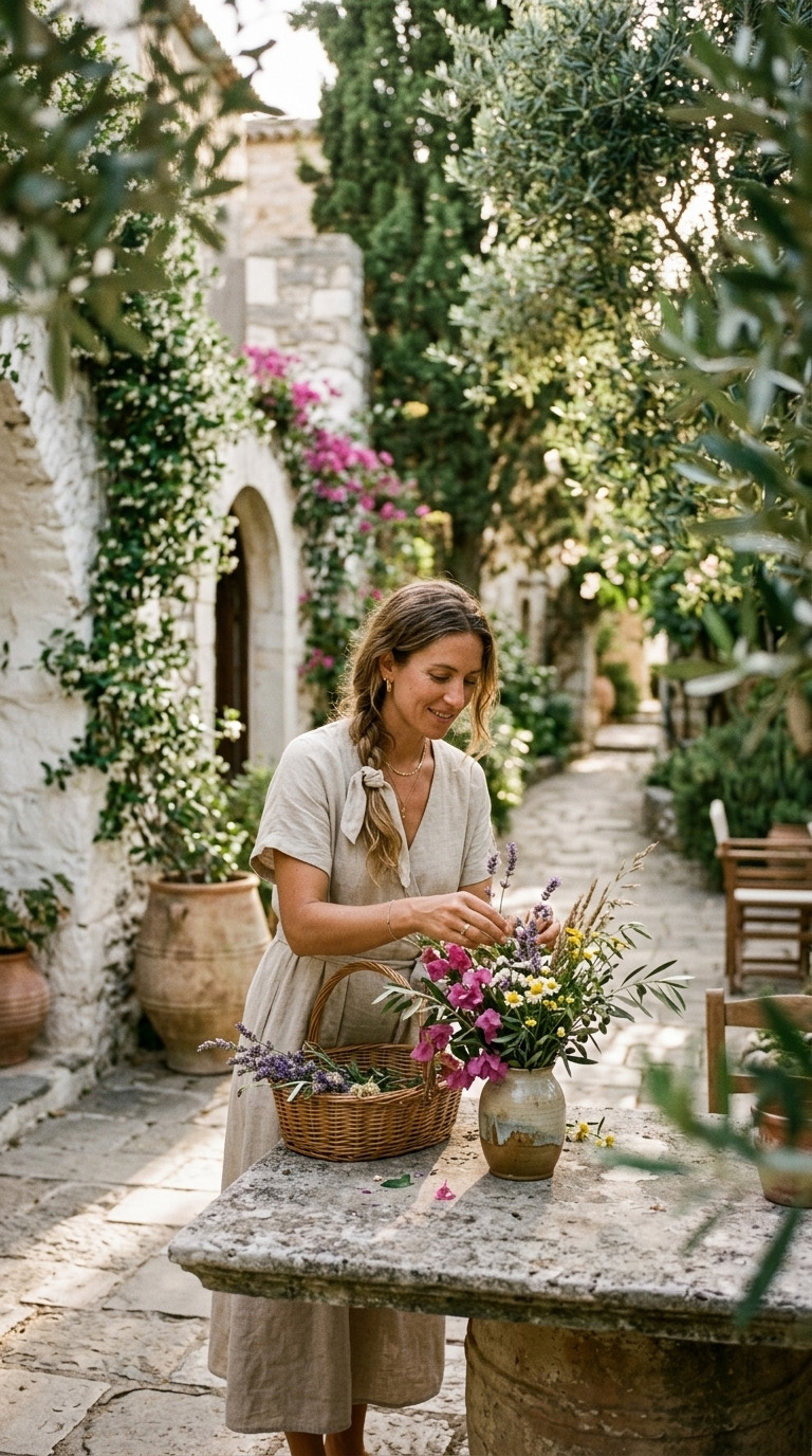 Vrouw met wilde bloemen door een zonovergoten Mediterrane binnenplaats