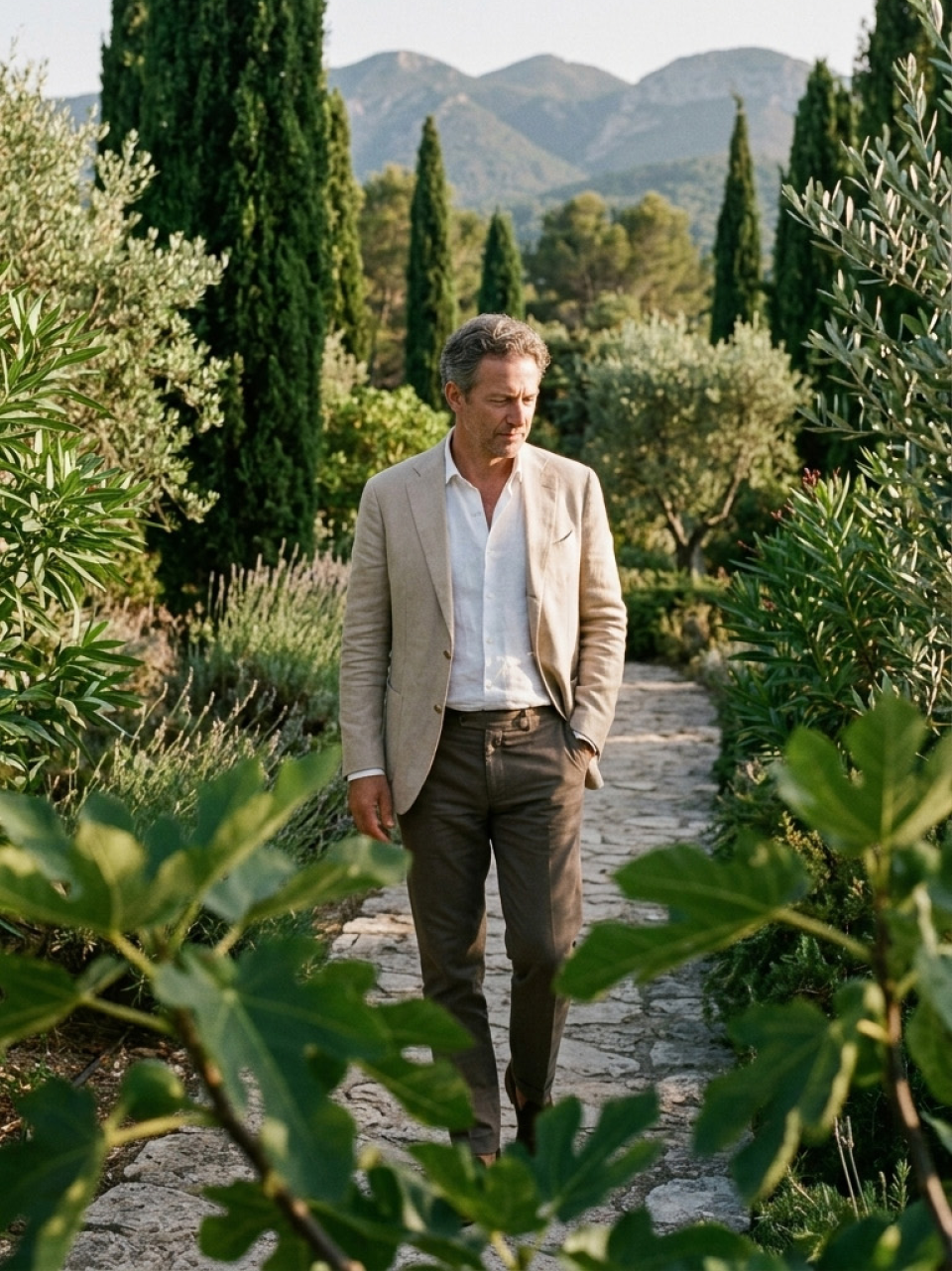 Man wandelend door een verzorgde tuin